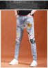 Slim Fit Korean Streetwear Graphical Printed Luxury Hip-Hop Stretch Denim Jeans for Men - Perfect Medium Wash Jeans Outfit
